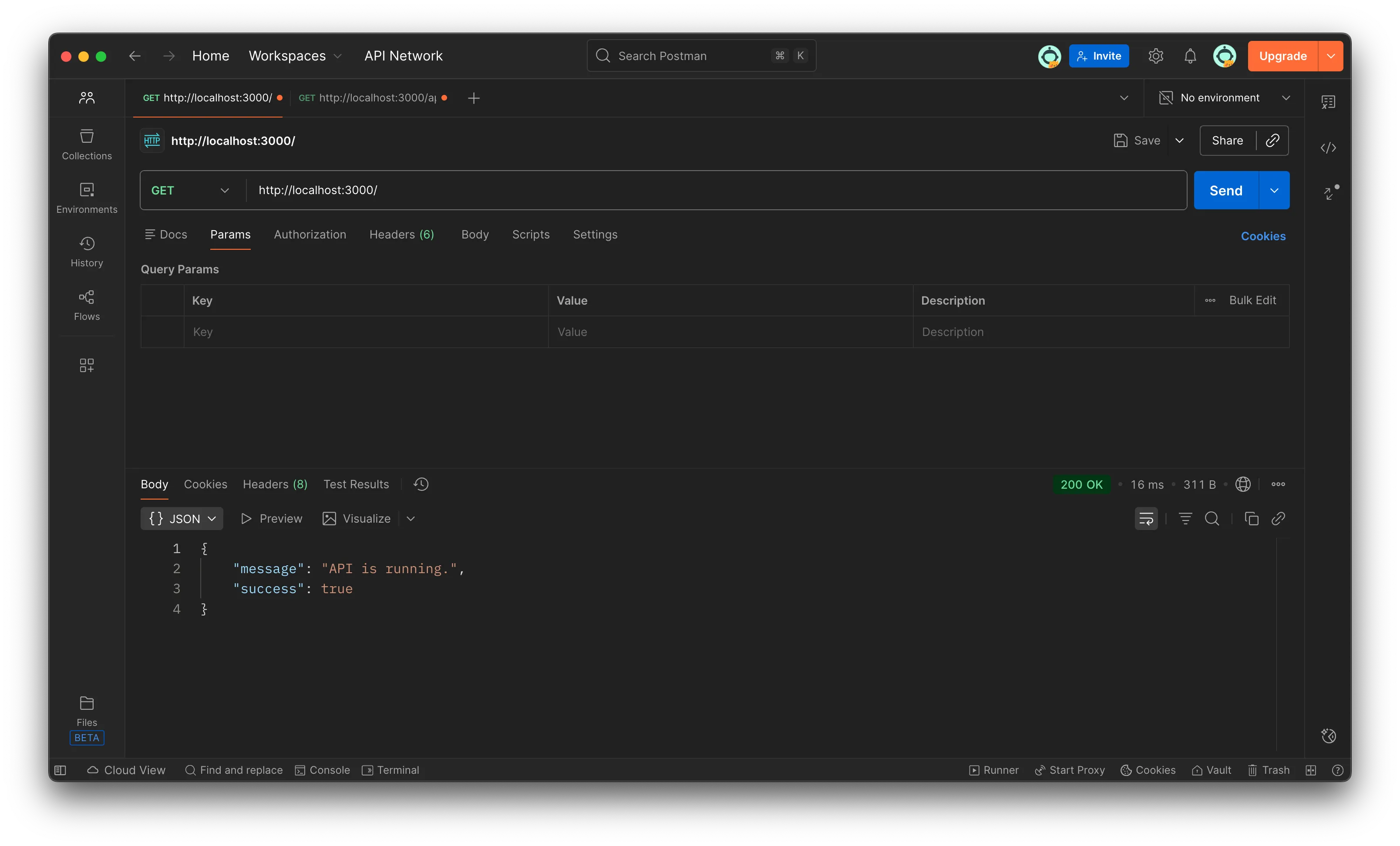 Screenshot of Postman showing GET response from localhost root