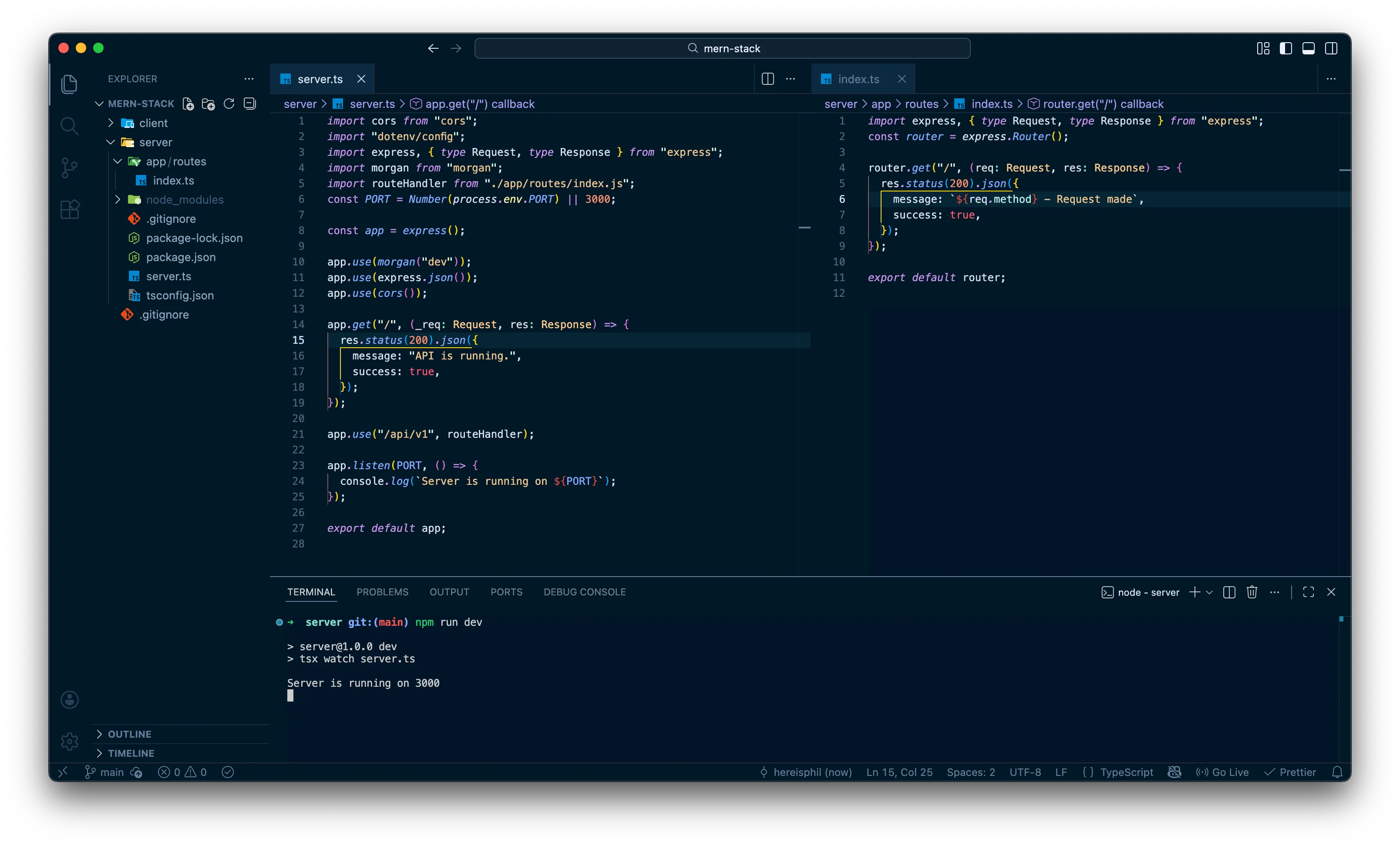 Screenshot of VS Code showing current status of backend server’s route handler